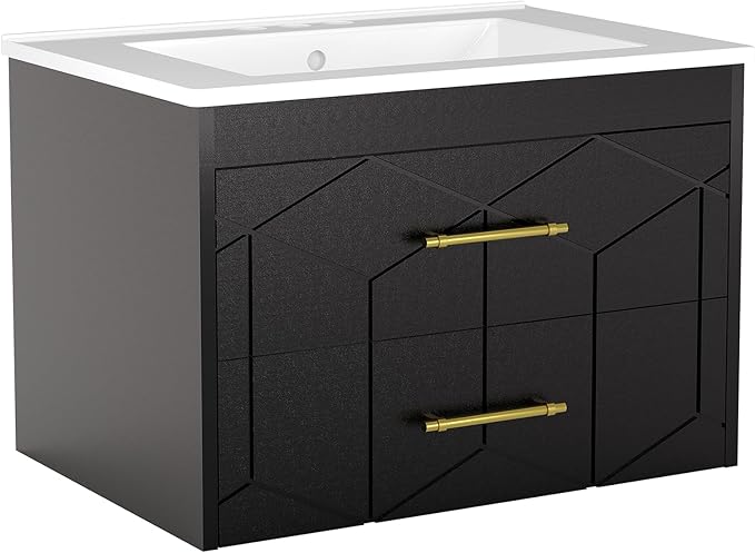 IDEALHOUSE Floating Bathroom Vanity with Sink 24 inch, Modern Bathroom Sink Cabinet, Ceramic Vanity Top, 2 Large Storage Drawers with Gold Metal Handle, Easy to Assembly, Black