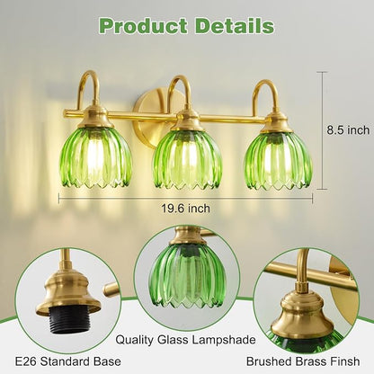 Vintage Bathroom Light Fixtures Gold, 3 Light Vanity Light with Green Glass Shade,E26 Base Bathroom Lighting Fixtures Over Mirror,Dimmable Vanity Lighting Fixtures for Restroom,Vanity,Mirror