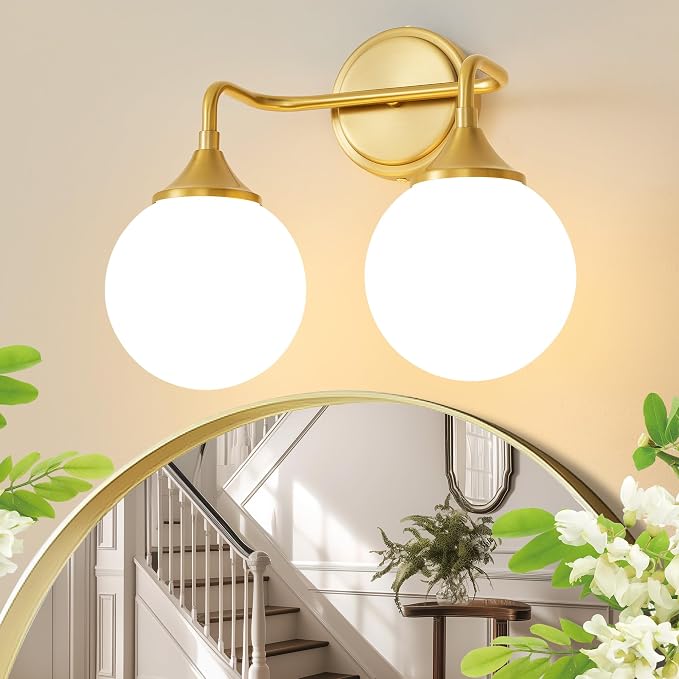 Brushed Gold Bathroom Light Fixtures Over Mirror Vanity 2-Light | Mid Century Modern Brushed Gold Wall Sconce with Milky White Glass Ball Shades for for Bathroom Dressing Table Bedroom