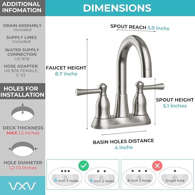 VXV Bathroom Sink Faucet 4 Inch 2 Handle Vintage Antique Lavatory Vanity Mixer Tap 360 Rotating with Pop-up Drain and Water Hoses Brushed Nickel