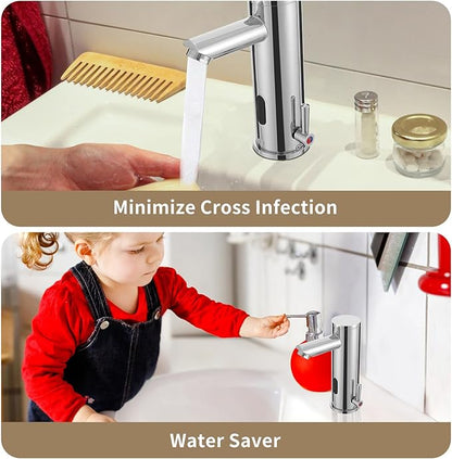 Automatic Touchless Bathroom Sink Faucet Motion Activated Sensor Hands Free Auto Off 1 Hole Commercial Infrared Brass Basin Faucets Adjustable Cold Hot Single Handle Water Mixer（Chrome）