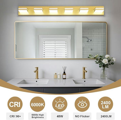 Modern LED Bathroom Lights Fixtures 6-Light,Metal Gold Acrylic Wall Lighting,Vanity Lights for Bathroom Over Mirror 6000k 41in