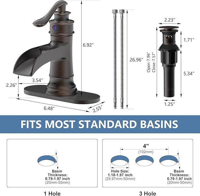 Waterfall Bathroom Faucet Oil Rubbed Bronze Sink with Pop Up Drain Stopper Faucets Single Hole Rustic Vanity Farmhouse Overflow One Handle Bath Black Commercial Assembly by Homevacious