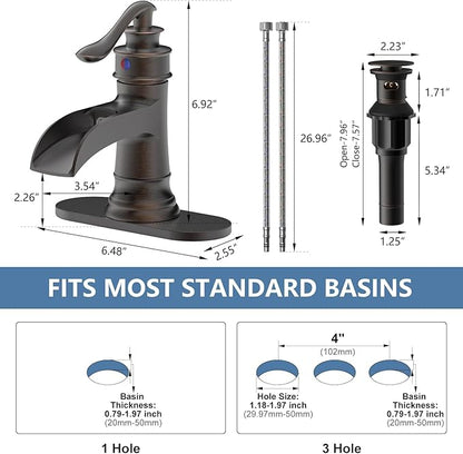 Waterfall Bathroom Faucet Oil Rubbed Bronze Sink with Pop Up Drain Stopper Faucets Single Hole Rustic Vanity Farmhouse Overflow One Handle Bath Black Commercial Assembly by Homevacious