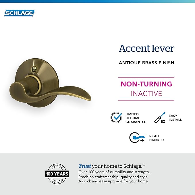 SCHLAGE F170ACC609RH ACC 609 F170 Rh Accent Decorative Dummy Door Lever, 2.72 In Projection X 4-1/8 In L, Antique Brass