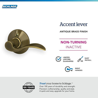 SCHLAGE F170ACC609RH ACC 609 F170 Rh Accent Decorative Dummy Door Lever, 2.72 In Projection X 4-1/8 In L, Antique Brass