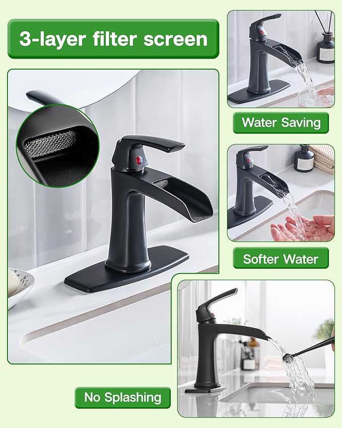 Fapully Bathroom Faucets Matte Black, Modern Waterfall Bathroom Sink Faucet with Single Handle for 1 or 3 Holes, Vanity Faucet with Deck Plate and Drain