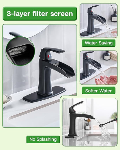 Fapully Bathroom Faucets Matte Black, Modern Waterfall Bathroom Sink Faucet with Single Handle for 1 or 3 Holes, Vanity Faucet with Deck Plate and Drain