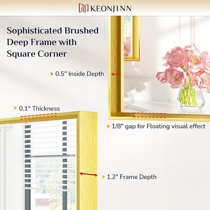 Keonjinn 24x30 Inch Gold Bathroom Mirror for Over Sink, Vanity Mirror | HD Tempered Glass, Rectangular, Brushed Framed, Square Corner, Modern Farmhouse, Wall Mounted Mirrors, Aluminum Alloy
