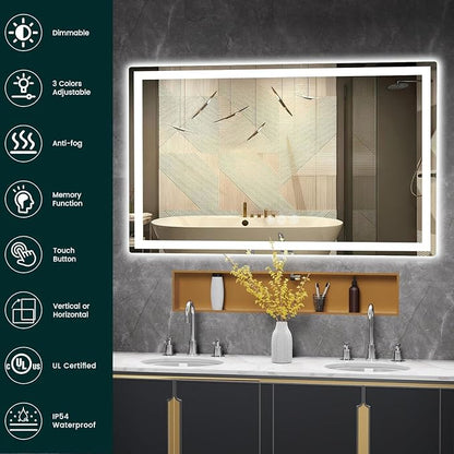 36" x 60" LED Bathroom Mirror with Lights, Memory Vanity Mirror | Anti-Fog, 3 Color Modes, Dimmable, Front Lit, Memory Function, Tempered Glass, Lighted Bathroom Mirror for Wall