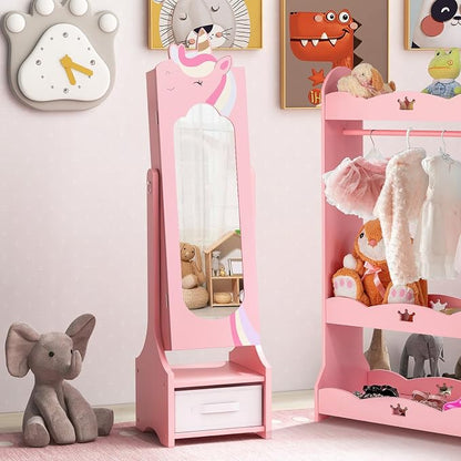CHARMAID Kids Mirror Jewelry Cabinet - 45.5'' Full Length Mirror with Jewelry Storage, Standing Jewelry Armoire with Drawers, Kids Jewelry Organizer Box Vanity Dressing Mirror for Girls (Pink)