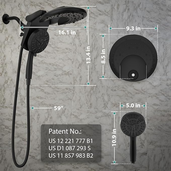 Foldable Rainfall Shower Head 9 Spray Settings/Modes Handheld Showerheads | High Pressure Shower Heads with Handheld Spray Combo, Built-in Magnetic Docking, Power Jets, Stainless Steel Shower Hose