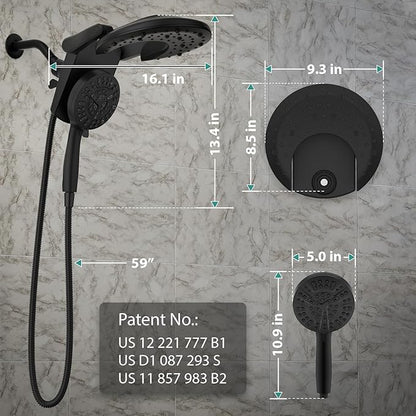 Foldable Rainfall Shower Head 9 Spray Settings/Modes Handheld Showerheads | High Pressure Shower Heads with Handheld Spray Combo, Built-in Magnetic Docking, Power Jets, Stainless Steel Shower Hose