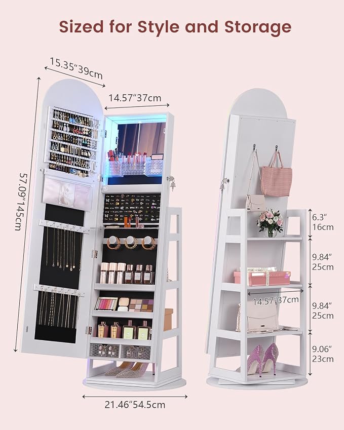 HWB Mirror Jewelry Cabinet Standing with RGB Lights & Storage Shelves | Mirror w/Storage, LED Full-length Mirror, Lockable Jewelry Armoire, 360° Swivel, Standing Jewelry Cabinet, Girls Women Gifts