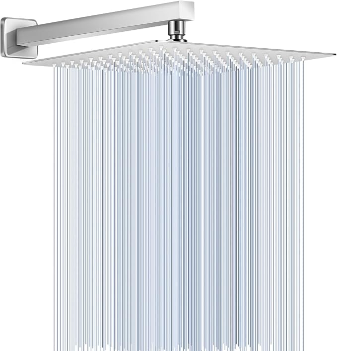 Rain Shower Head with Extension Arm Polished Chrome, 12" Rainfall Square Showerhead with 16" Shower Arm All Stainless Steel, 144 Outlets Waterfall Full Body Coverage
