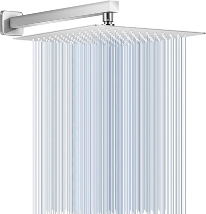 Rain Shower Head with Extension Arm Polished Chrome, 12" Rainfall Square Showerhead with 16" Shower Arm All Stainless Steel, 144 Outlets Waterfall Full Body Coverage