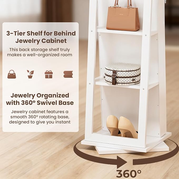 4-In-1 Jewelry Cabinet Jewelry Armoire Lockable Standing, White | Jewelry Organizer with Storage, Full-Length Mirror, 3 Storage Shelves, Makeup Mirror, 360 ° Swivel Jewelry Armoire for Women