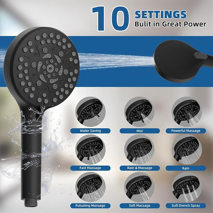 12" Metal Rainfall Shower Head with 10-Mode Handheld, Matteblack | NSF/ANSI/CAN 372 Certified, High Pressure Showerhead Combo with 11" Adjustable Shower Arm, 71" Hose, Shower Head Holder