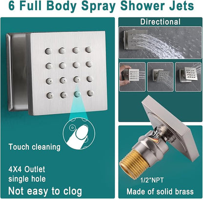 HOMEDEC LED Multi Functions Full Body Shower System with 6pcs Body Jets Spray with（Up/Down）Shower Spout, Large 3 In 1 Functions 14x20inch Showerhead, Rainfall Mist Shower Faucet Set, Brushed Nickel