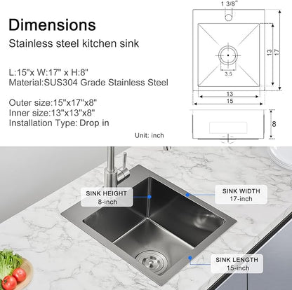 15"x17" Drop-In Single Bowl Sink 18 Gauge Black Steel 1-Hole | 15"x17" Black Drop-in Sink | 18 Ga SS | Topmount/Overmount | Single Bowl | Wet Bar/Coffee Station | 8" Deep Basin