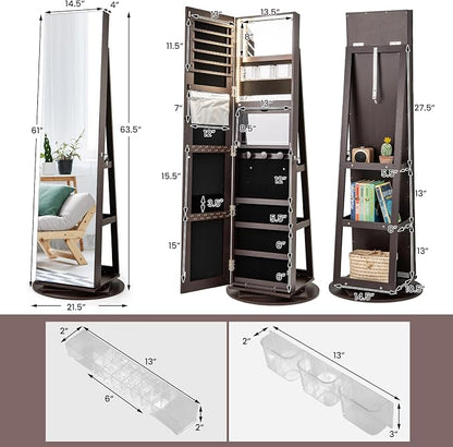 GOFLAME 360° Rotating Jewelry Cabinet with Full-Length Mirror, Freestanding Jewelry Armoire with 3-Color LED Light and Back Storage Shelf, Lockable Jewelry Organizer for Bedroom Cloakroom, Espresso