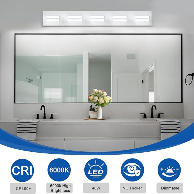 IZORRO LED Modern Bathroom Lights Fixtures(5-Light,Dimmable),Matte White Acrylic Wall Lighting,Vanity Lights for Bathroom Over Mirror - 6000k 36In （No Assembly Required）