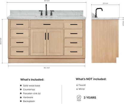 ARIEL Hepburn 60-inch Bathroom Vanity with Sink,Solid Wood, 1.5-inch Italian Carrara Marble Countertop, Single Rectangular Porcelain Sink, 2 Soft Closing Doors, 9 Dovetail Drawers, White Oak
