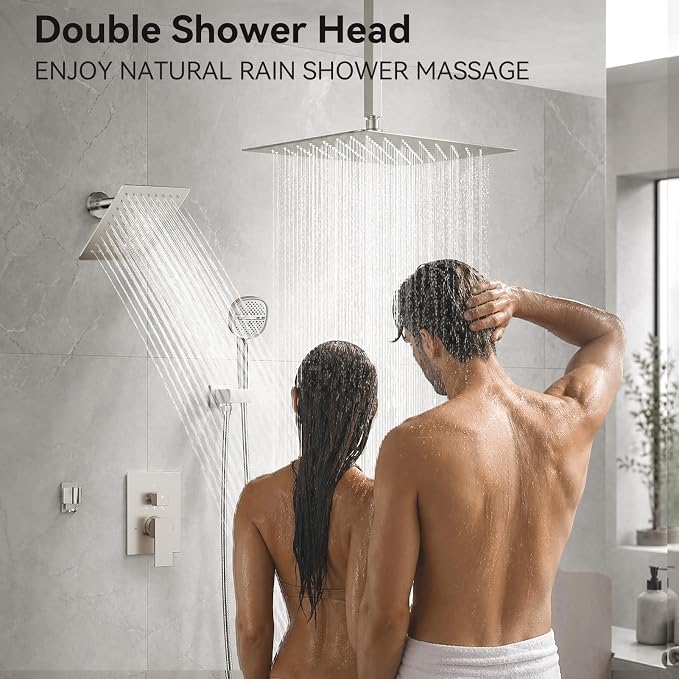 Shower Faucet Set Brushed Nickel Shower System, Dual Head Shower Set STARBATH 12'' Ceiling Mount and 6''Wall Mount Rainfall Shower Systems with Multifunctional Filtered Handheld Sprayer