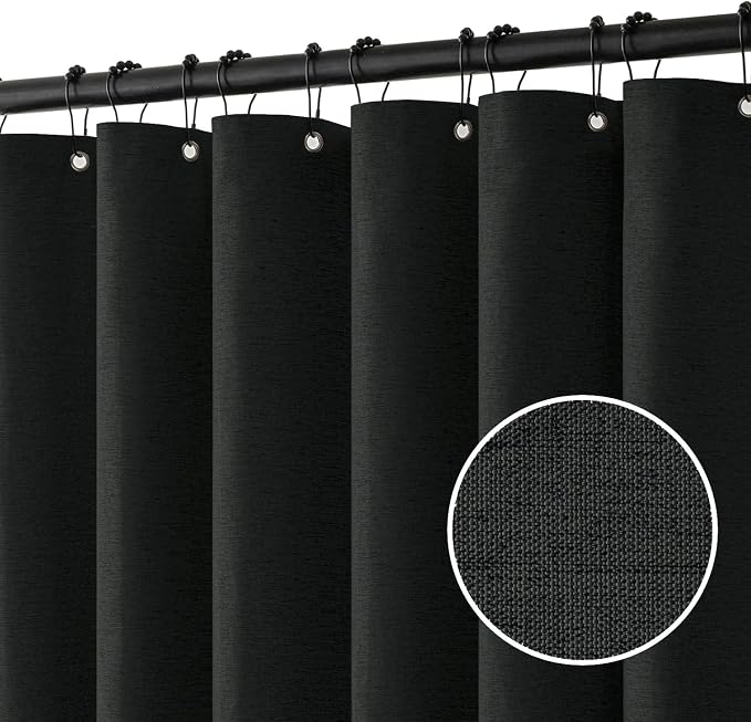 MIULEE 72 x 84 Extra Long Linen Shower Curtain Black 12 Metal Hooks | Washable, Heavy Fabric Shower Curtain Set, Waterproof Thick Cloth Shower Curtain, Bathroom Hotel Bathtub