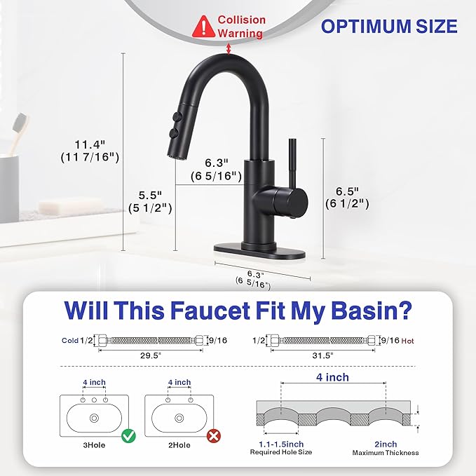 Bathroom Faucet with Sprayer, Matte Black Single Hole with Pop-Up Drain | Kablle Single Handle Pull Out 1 or 3 Hole Laundry Bar Basin Faucet with Deck Plate, KBL-7002B-CL