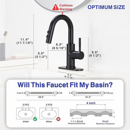 Bathroom Faucet with Sprayer, Matte Black Single Hole with Pop-Up Drain | Kablle Single Handle Pull Out 1 or 3 Hole Laundry Bar Basin Faucet with Deck Plate, KBL-7002B-CL