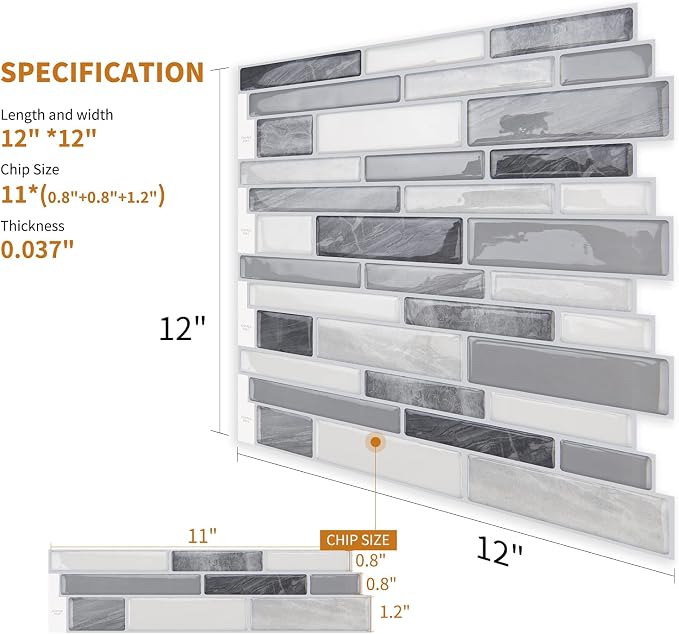 WOWSTAR 10-Sheet Peel and Stick Backsplash Tile for Kitchen Wall, Back Splash Stick On Tiles for Kitchen (12"x 12", Gray) | Peel and stick backsplash, self-adhesive wall tile, Gray, waterproof, kitchen bathroom wall, 10-sheet