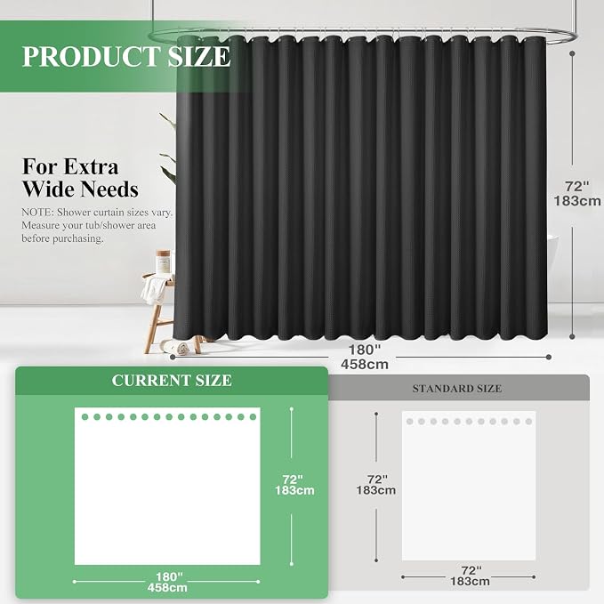 Extra Wide Waffle Shower Curtain 256 GSM Fabric 180x72 Black | 180 Inch Wide, Thick Cloth, Weighted Hem, Water Repellent, Hotel Luxury Polyester Shower Curtain Set for Bathroom 32 Hooks