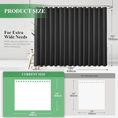 Extra Wide Waffle Shower Curtain 256 GSM Fabric 180x72 Black | 180 Inch Wide, Thick Cloth, Weighted Hem, Water Repellent, Hotel Luxury Polyester Shower Curtain Set for Bathroom 32 Hooks