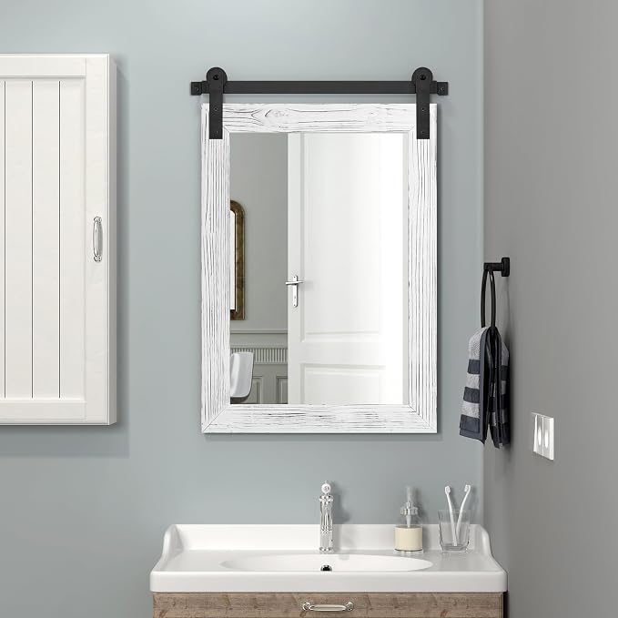 COGOOD Farmhouse Bathroom Mirrors for Over Sink - 30 x 22 White | Rustic Barn Door Wood Framed Vanity Mirror for Entryway, Living Room, Bedroom, Dresser Wall Decor