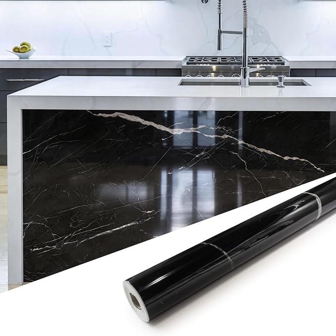 Marble Peel and Stick Waterproof Wall Paneling, 118" x 47" Black Marquina Glossy Finish Self-Adhesive Backsplash Tile Vinyl Wall Panel for Kitchen Bathroom Wall Decor, Covers 38.75 Sq. Ft.