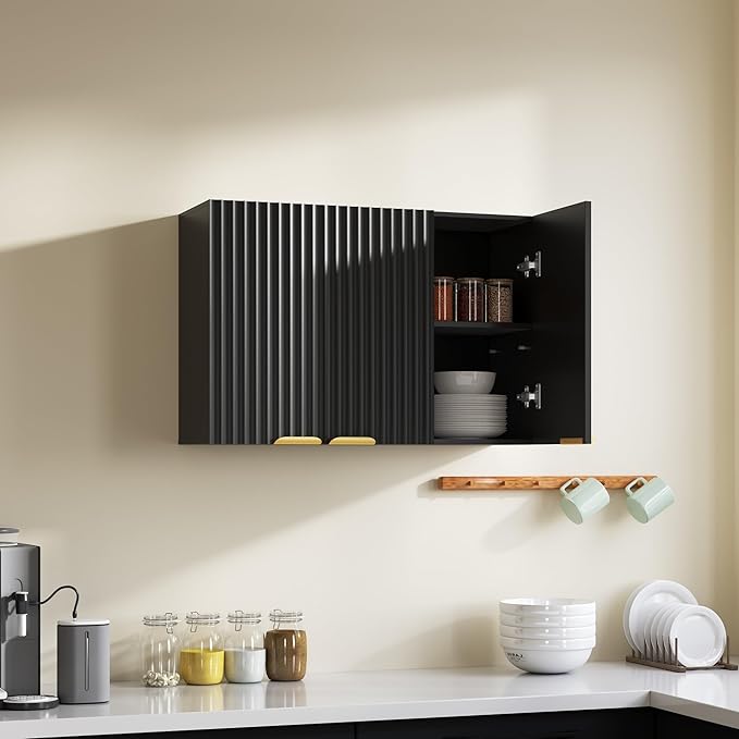 ChooChoo Bathroom Wall Cabinet, Laundry Room Cabinet with 3 Fluted Doors | Kitchen Storage Cupboard Cabinet with Adjustable Shelf, Fluted Wall-Mounted Medicine Cabinet for Kitchen, Garage, Black