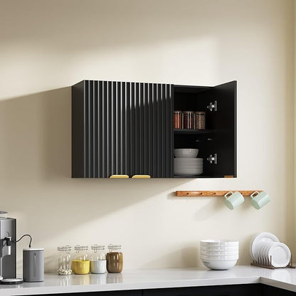 ChooChoo Bathroom Wall Cabinet, Laundry Room Cabinet with 3 Fluted Doors | Kitchen Storage Cupboard Cabinet with Adjustable Shelf, Fluted Wall-Mounted Medicine Cabinet for Kitchen, Garage, Black