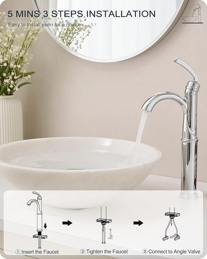 Brass Vessel Faucet 1 Hole, Chrome Tall Bathroom Faucets for Vessel Sinks with 1 Handle, Pop Up Drain, cUPC Water Supply Line & Arched Spout Aerator for Countertop Sink, 5 Mins Quick Install