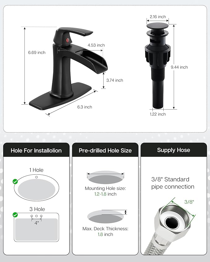 Fapully Bathroom Faucets Matte Black, Modern Waterfall Bathroom Sink Faucet with Single Handle for 1 or 3 Holes, Vanity Faucet with Deck Plate and Drain