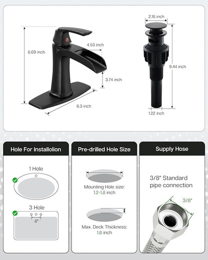 Fapully Bathroom Faucets Matte Black, Modern Waterfall Bathroom Sink Faucet with Single Handle for 1 or 3 Holes, Vanity Faucet with Deck Plate and Drain