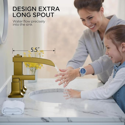 FORIOUS Brass Waterfall Brushed Gold Bathroom Faucets 3 Hole, Modern Widespread 8 Inch Bathroom Sink Faucet with Metal Pop-up Drain and Pre-Assembled Hose for Vanity, Restroom,Bathtub