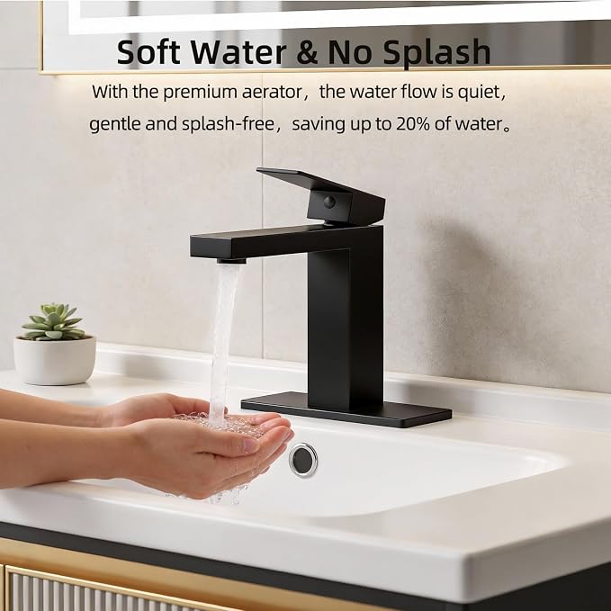 Black Bathroom Faucet, SUS304 Stainless Steel Lead-Free | Vanity Faucet with Deck Plate & Pop-Up Drain, Single/3 Hole Installation, for Farmhouse,Bathroom Sink,Vanity, Washbasin, RV,