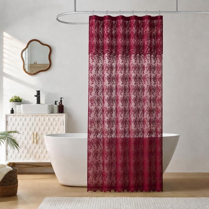TUDECO Stall Burgundy Shower Curtain Bathroom, 36W x 72L Inch | Antique, Dark Red Floral, Semi Sheer, Scalloped Edges, Attached Valance, Reinforced Holes, Machine Washable