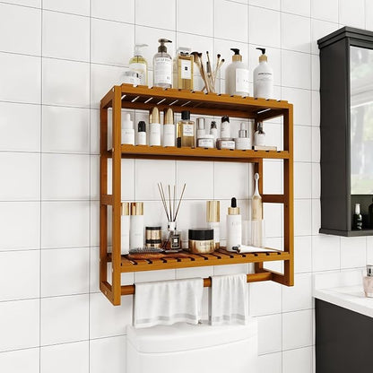 Galood Over The Toilet Storage Bathroom Shelves Wall Mounted 3 Tier Brown-L | Space Saver Corner Shelf Organizer Bamboo Towel Rack Toilet Paper Cabinet with Hanging Rod