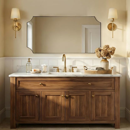 Scalloped 24"x48" Brushed Gold Bathroom Mirror | Anti-Rust Stainless Steel Frame 1" Deep, Rounded Notched Corners, Two Way Hanging, Ideal for Bathroom Decor & Remodel