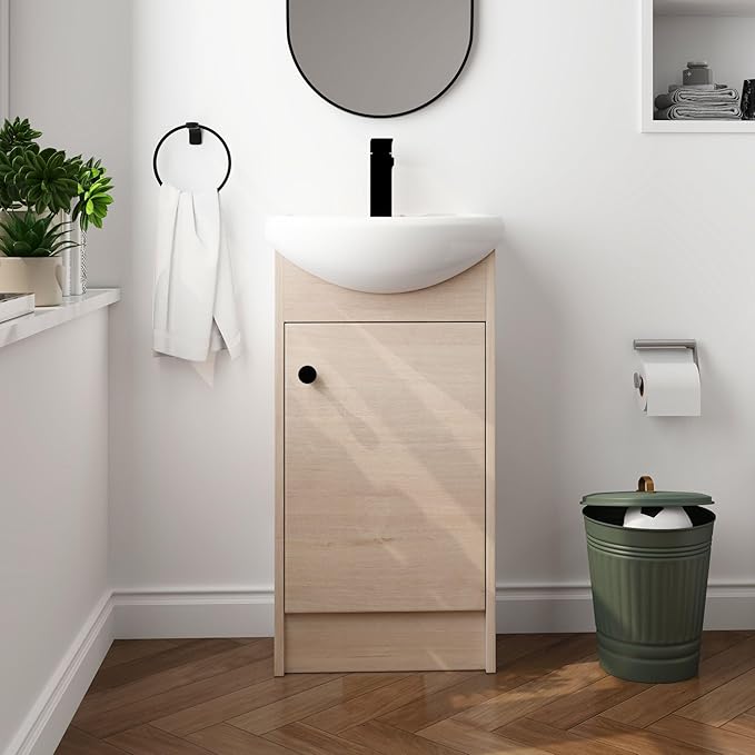18" Bathroom Vanity with Sink, 18 Inch Freestanding Vanity with Soft-Closing Door for Small Space, Modern Single Sink Bathroom Vanity Combo,Brown Floor Standing Cabinet Set (BN-022)