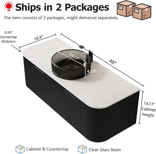 48" Floating Bathroom Vanity with Sink, Plywood Bathroom Cabinet with Round Crystal Glass Basin and Ultra-Thin Marble Top, 2 Large Soft-Closing Storage Drawers, Pre-Assembled, Gloss Black