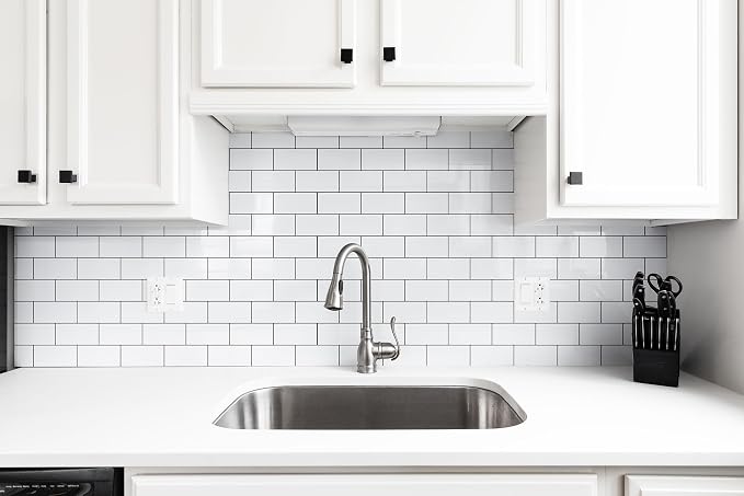 StyloVue 100 Pieces Peel and Stick Backsplash for Kitchen, 3" x 6" PVC Subway Tile, Glossy White with Dark Gray Grout, Self Adhesive Stick on Wall Tiles for Kitchen, Bathroom, Fireplace, RV