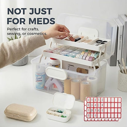 Portable Medicine Organizer Box & First Aid Kit Container – 3-Layer Folding Storage Bin with Handle & Latch, Clear Medical Supply Case for Home, Dorm, Sewing – w/ 2 Pill Pods & Labels